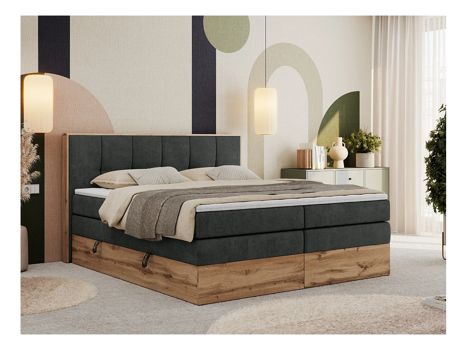 Boxspringbett ALBERO 1 KING - zwei 7 Härtezonen Multipocket-Matratzen, Doppelbett mit Stauraum, Eiche Wotan Holzrahmen - 160x200 cm - H4 - Dunkelgrau Strukture