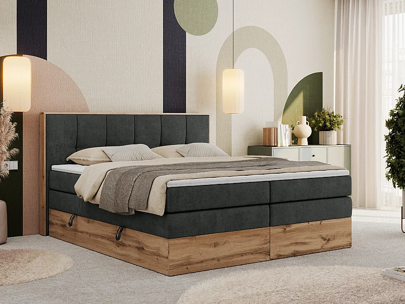 Boxspringbett ALBERO 1 KING - zwei 7 Härtezonen Multipocket-Matratzen, Doppelbett mit Stauraum, Eiche Wotan Holzrahmen - 160x200 cm - H4 - Dunkelgrau Strukture