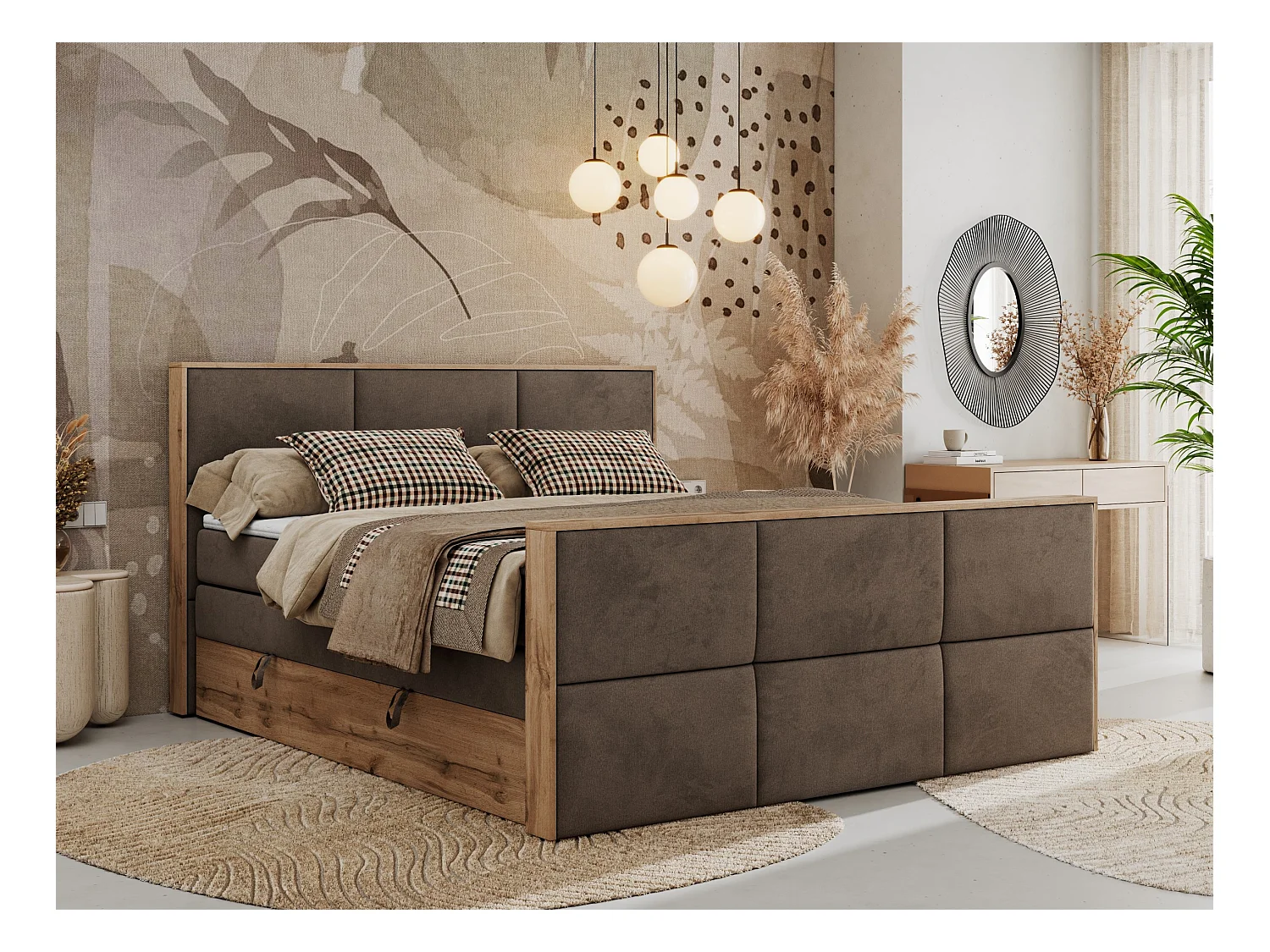 Boxspringbett ALBERO 2 KING DUO - Eiche Wotan Holzrahmen, zwei Multipocket-Matratzen, Bettkästen - 160x200 cm - H3 - Braun Velvet