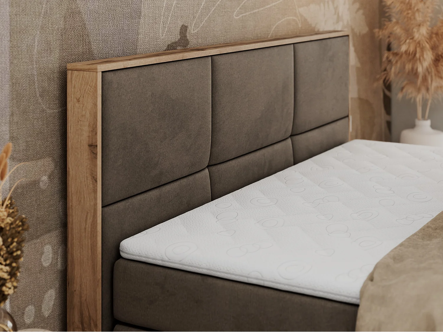 Boxspringbett ALBERO 2 KING DUO - Eiche Wotan Holzrahmen, zwei Multipocket-Matratzen, Bettkästen - 160x200 cm - H3 - Braun Velvet