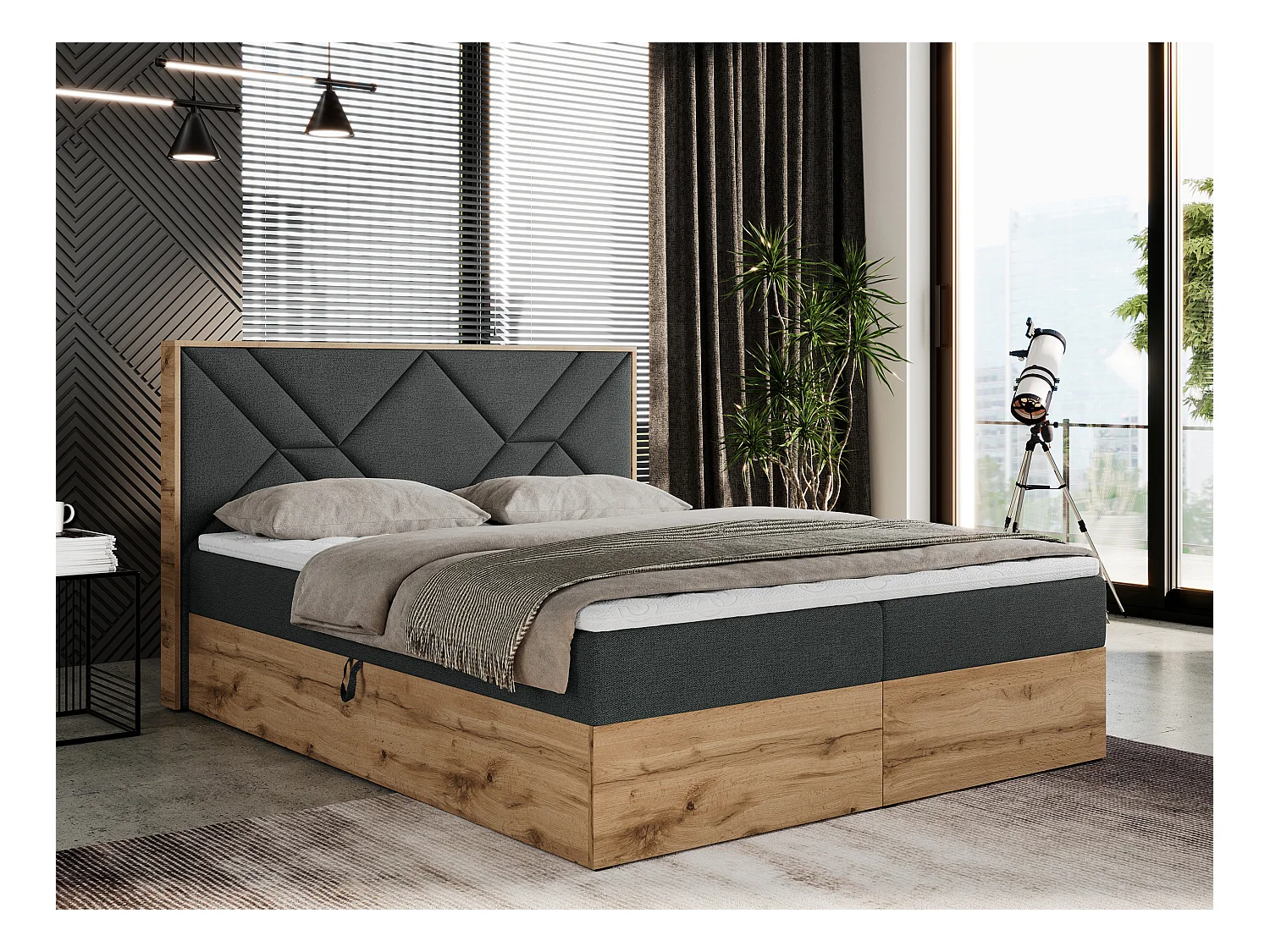 Boxspringbett GUNAR - gepolster kopfteil, Doppelbett mit Multipocket-Matratze, zwei Bettkästen - 180x200 cm - H4 - Dunkelgrau Strukture