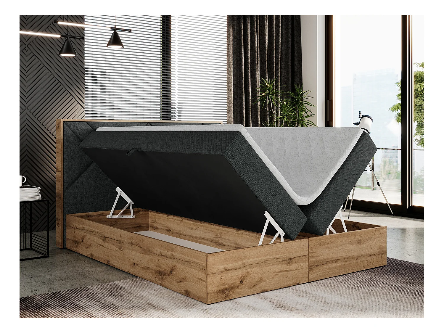 Boxspringbett GUNAR - gepolster kopfteil, Doppelbett mit Multipocket-Matratze, zwei Bettkästen - 180x200 cm - H4 - Dunkelgrau Strukture