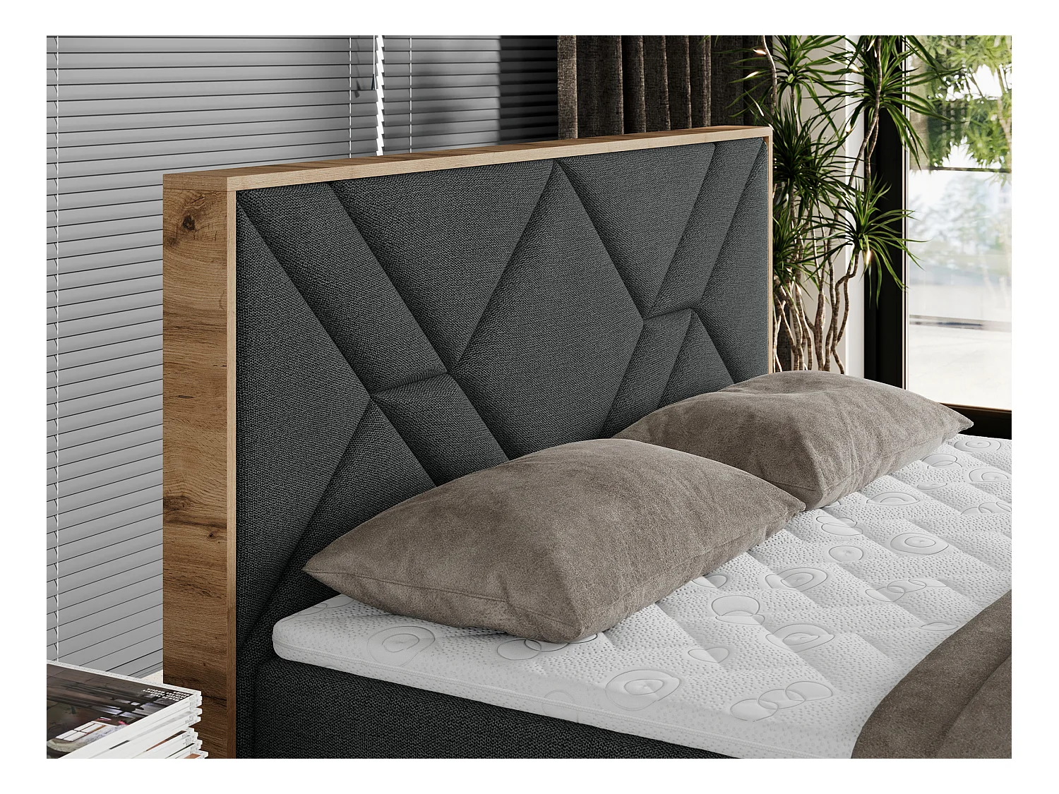 Boxspringbett GUNAR - gepolster kopfteil, Doppelbett mit Multipocket-Matratze, zwei Bettkästen - 180x200 cm - H4 - Dunkelgrau Strukture