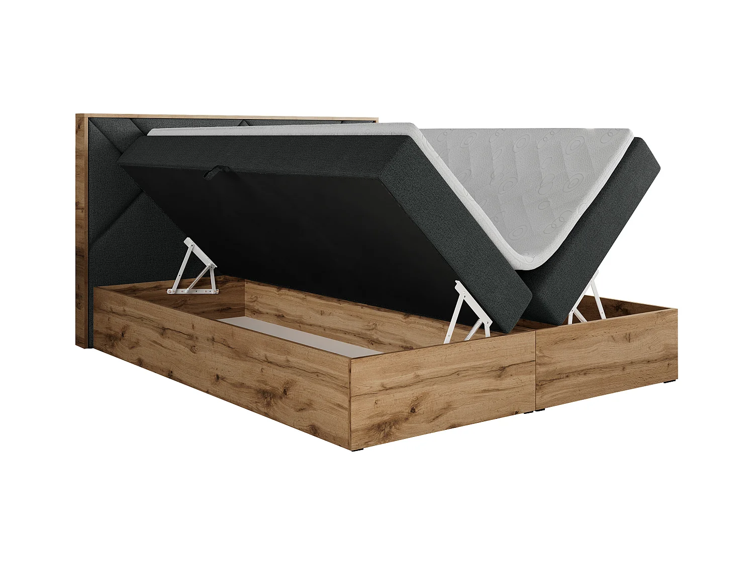 Boxspringbett GUNAR - gepolster kopfteil, Doppelbett mit Multipocket-Matratze, zwei Bettkästen - 180x200 cm - H4 - Dunkelgrau Strukture