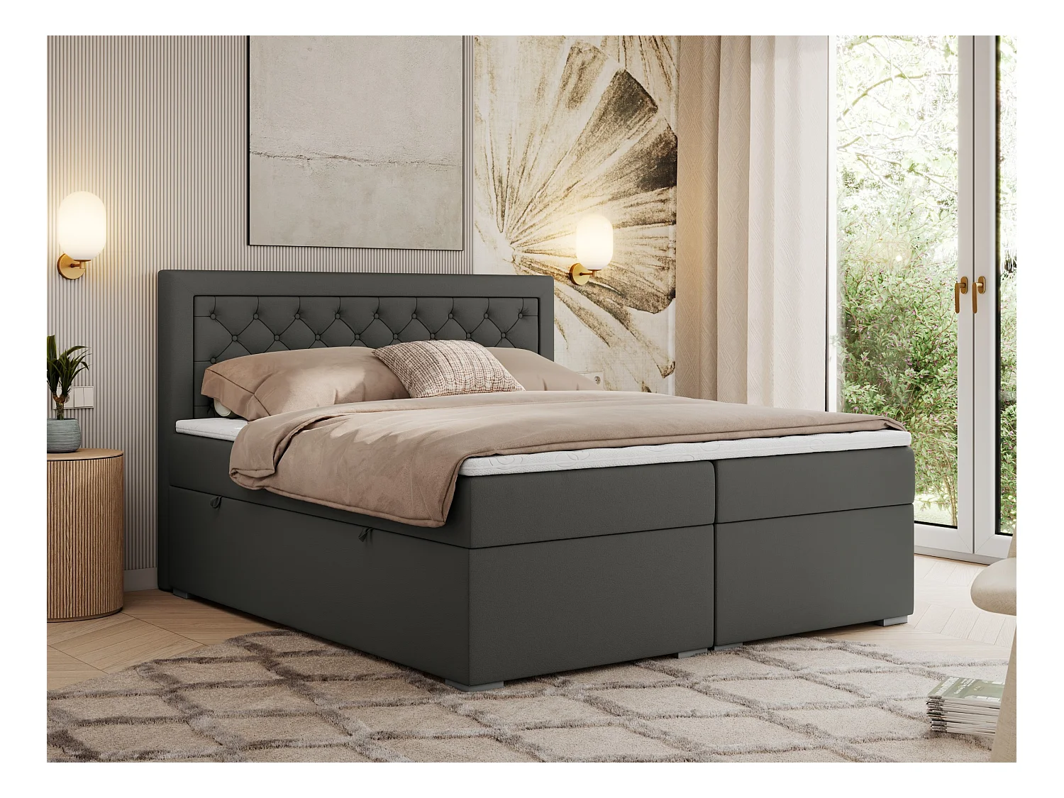 Boxspringbett JASIR - mit gestepptem Kopfteil, Doppelbett für Schlafzimmer, Multipocket-Matratze, Stauraum - 200x200 cm - H3 - Dunkelgrau Kunstleder