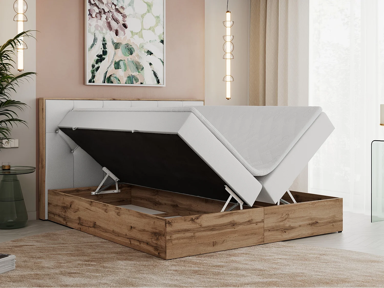 Boxspringbett VENETO - gestepptem Kopfteil, Set mit Multipocket-Matratze und Topper, Holzrahmen, zwei Bettkästen - 160x200 cm - H4 - Weiß Kunstleder