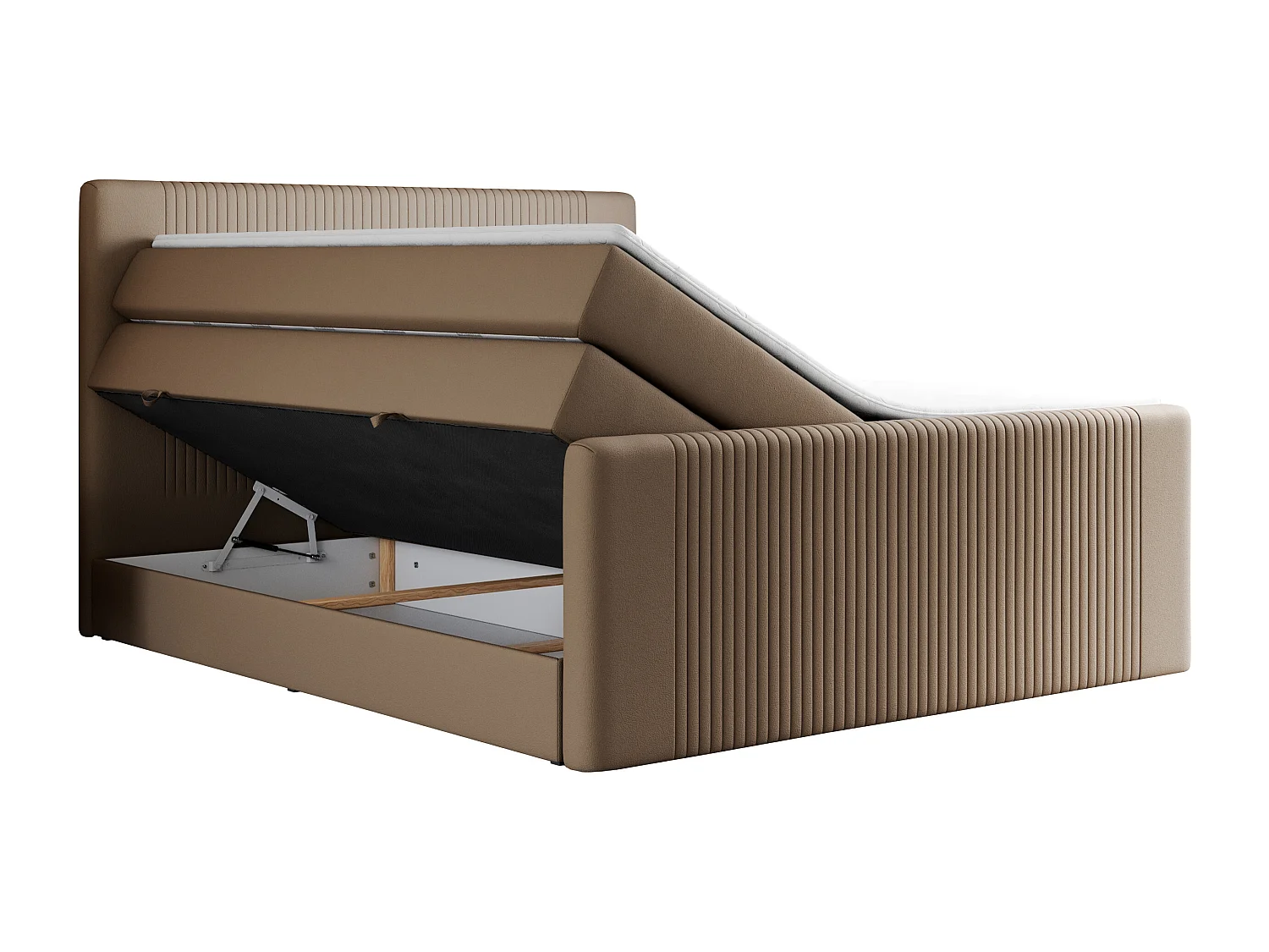 Boxspringbett DOREN KING - mit gesteppter Front und Kopfteil, zwei Multipocket-Matratzen und Topper, Doppelbett - 200x200 cm - H4 - Braun Kunstleder