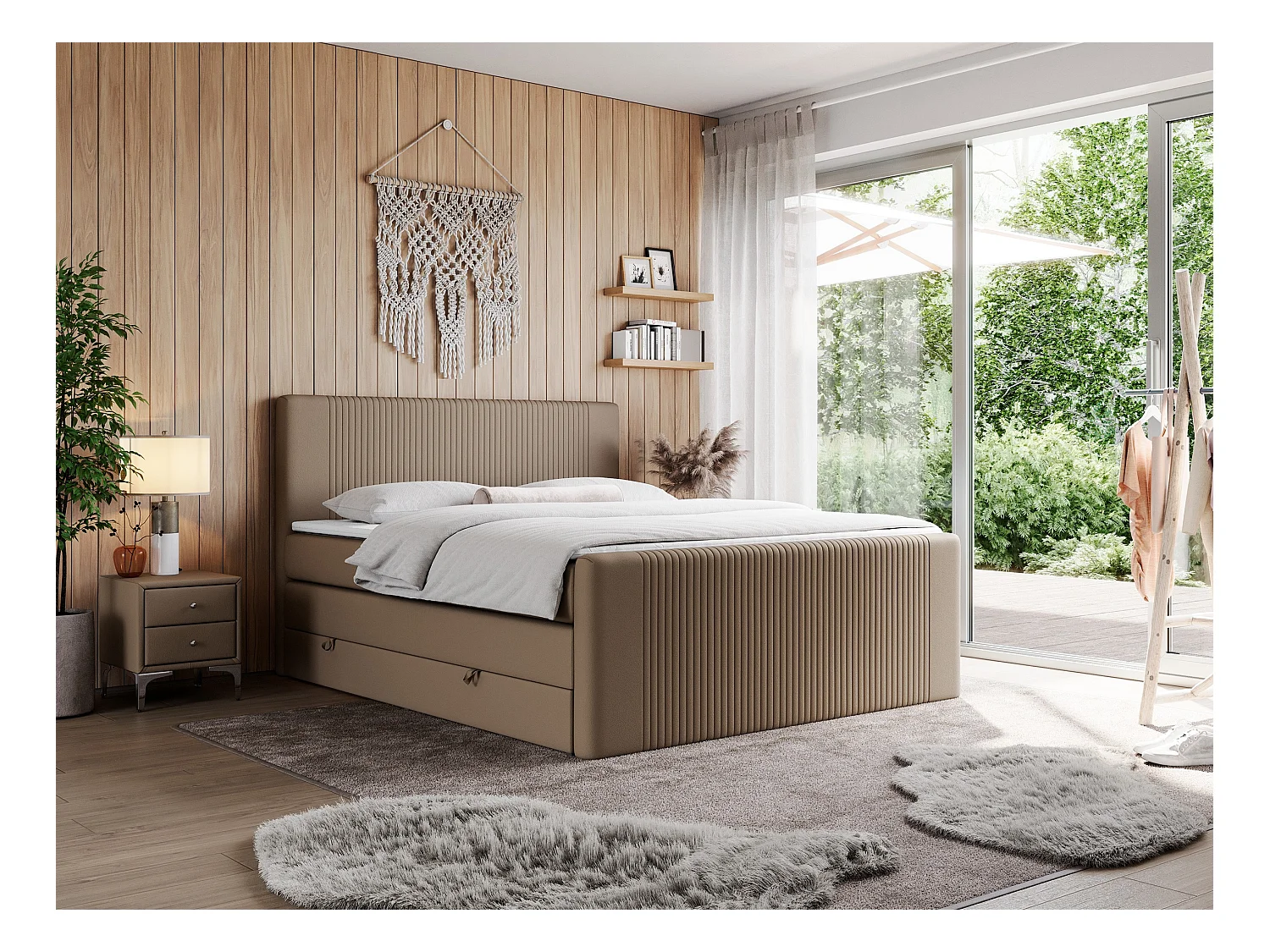 Boxspringbett DOREN KING - mit gesteppter Front und Kopfteil, zwei Multipocket-Matratzen und Topper, Doppelbett - 200x200 cm - H4 - Braun Kunstleder