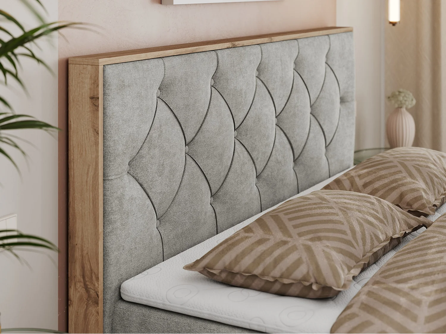 Boxspringbett VENETO - gestepptem Kopfteil, Set mit Multipocket-Matratze und Topper, Holzrahmen, zwei Bettkästen - 200x200 cm - H4 - Hellgrau Strukture