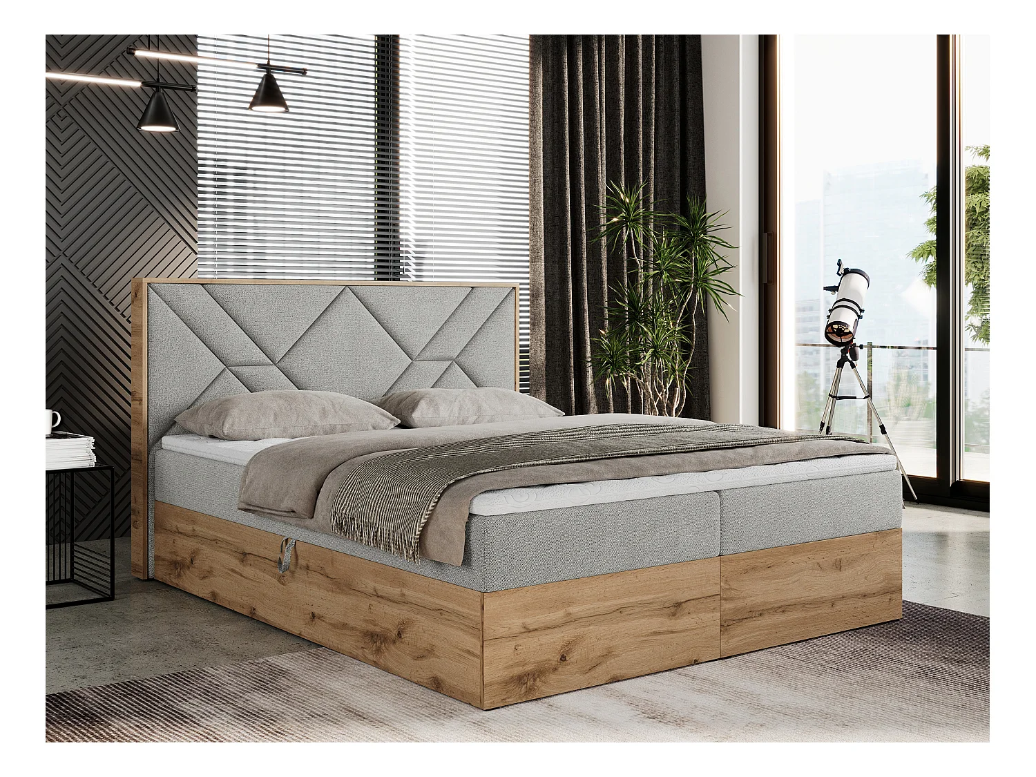 Boxspringbett GUNAR - gepolster kopfteil, Doppelbett mit Multipocket-Matratze, zwei Bettkästen - 140x200 cm - H4 - Hellgrau Strukture