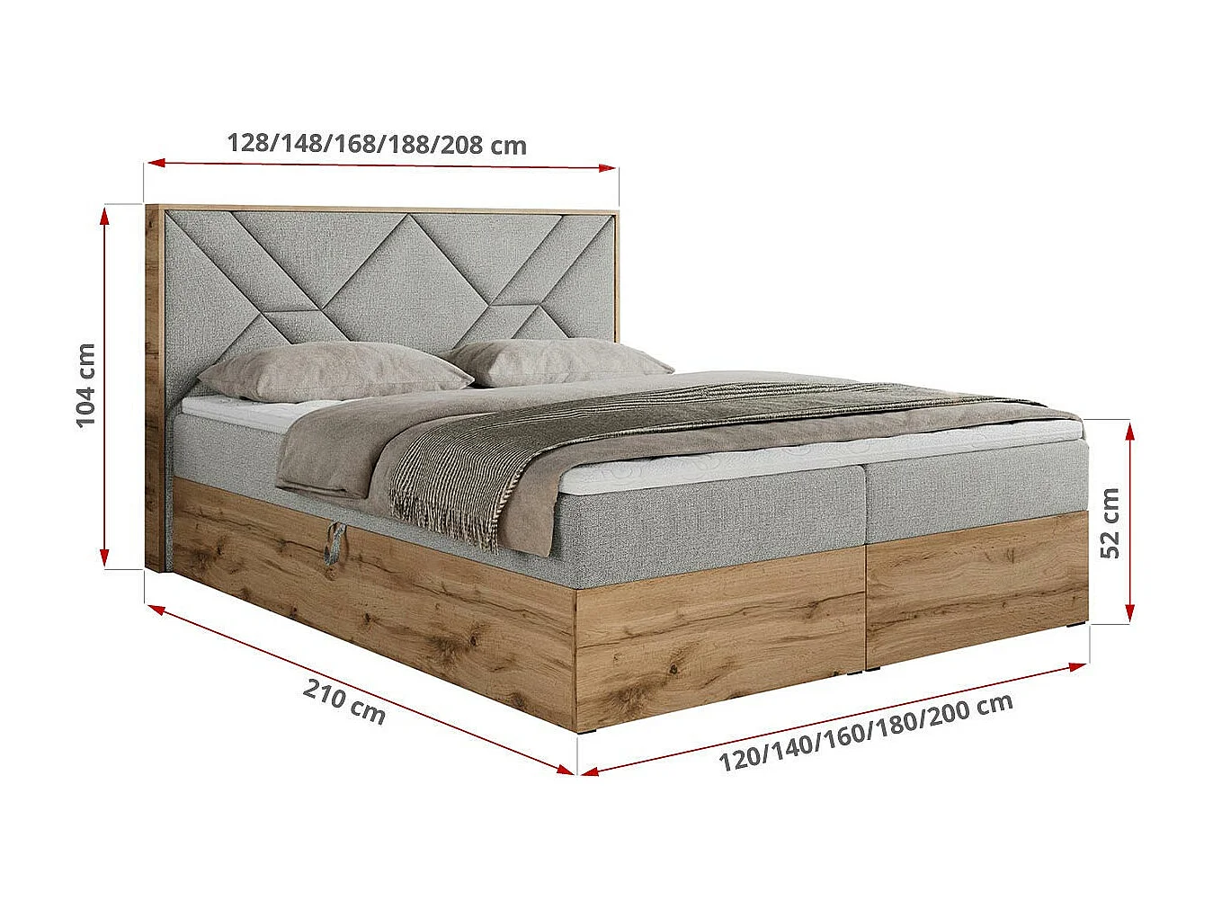 Boxspringbett GUNAR - gepolster kopfteil, Doppelbett mit Multipocket-Matratze, zwei Bettkästen - 140x200 cm - H4 - Hellgrau Strukture