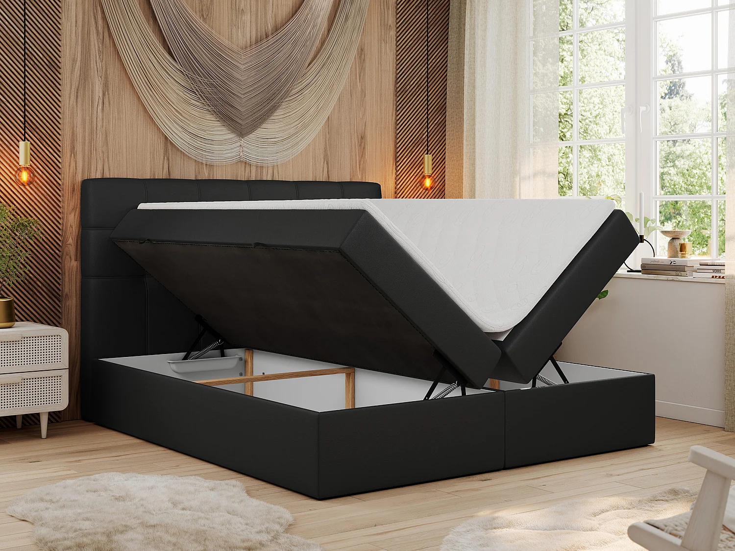 Boxspringbett ERNI - mit gestepptem Kopfteil, Polsterbett, Multipocket-Matratze und Topper, Bettkästen - 140x200 cm - H4 - Schwarz Kunstleder