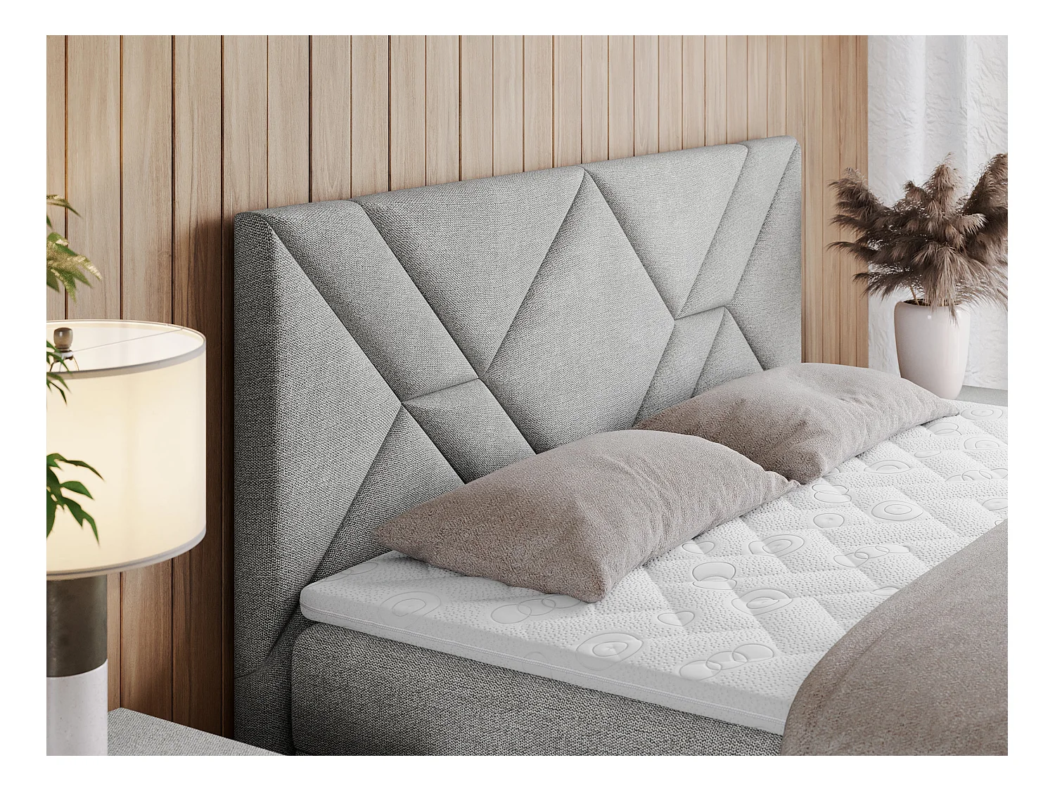 Boxspringbett NEOMI - dekorativem Kopfteil, Polsterbett mit Multipocket-Matratzen, zwei Bettkästen - 200x200 cm - H4 - Hellgrau Strukture