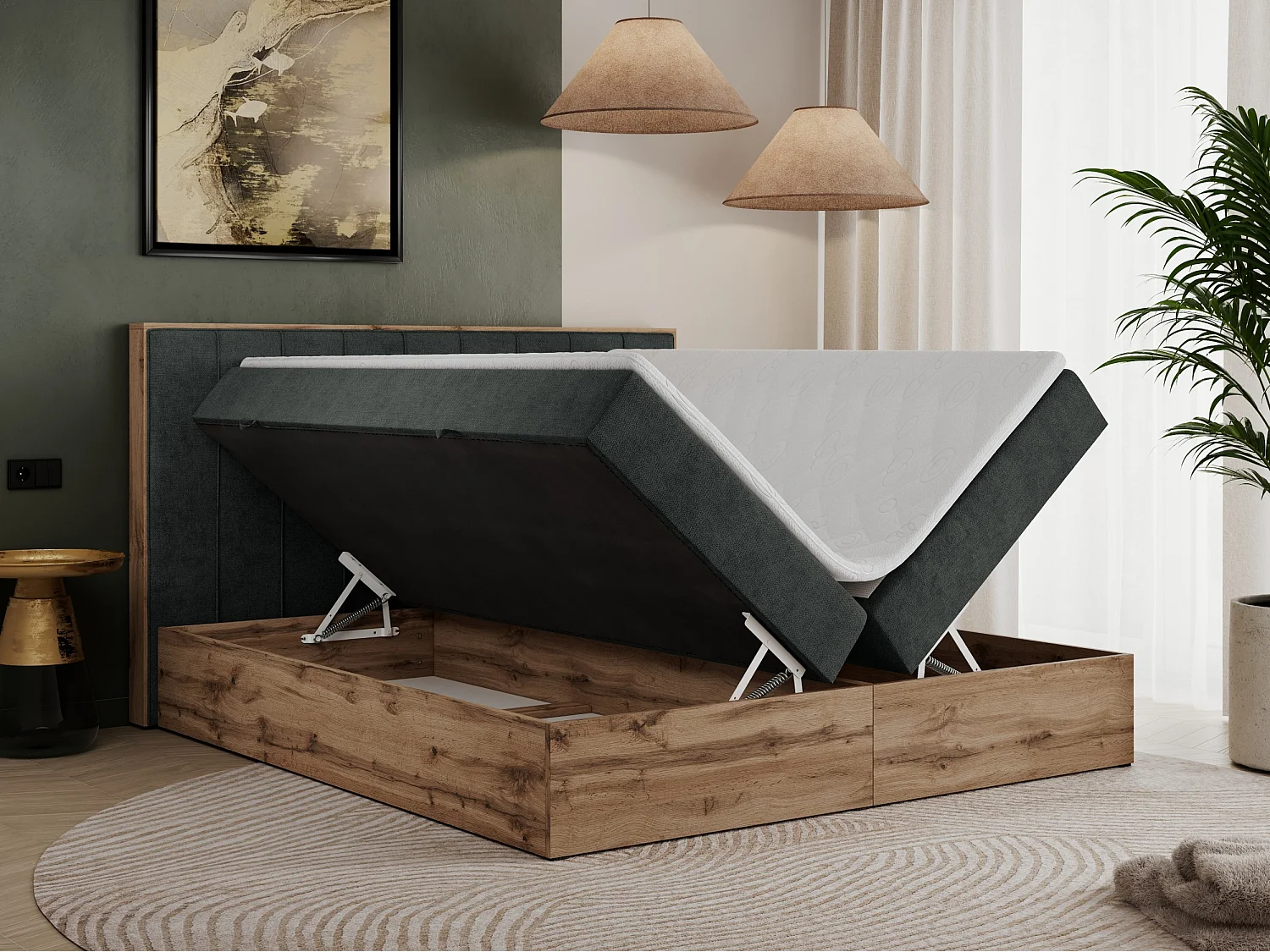Boxspringbett BELLISSIMO - mit gestepptem Kopfteil, Polsterbett mit zwei Bettkästen, Multipocket-Matratze - 180x200 cm - H3 - Dunkelgrau Strukture