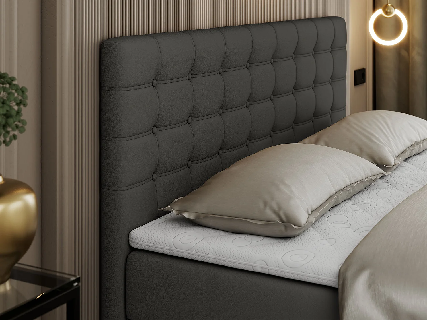 Boxspringbett SUSAN - mit gestepptem Kopfteil, zwei Bettkästen und Topper, gepolstertes Schlafzimmerbett - 120x200 cm - H4 - Dunkelgrau Kunstleder