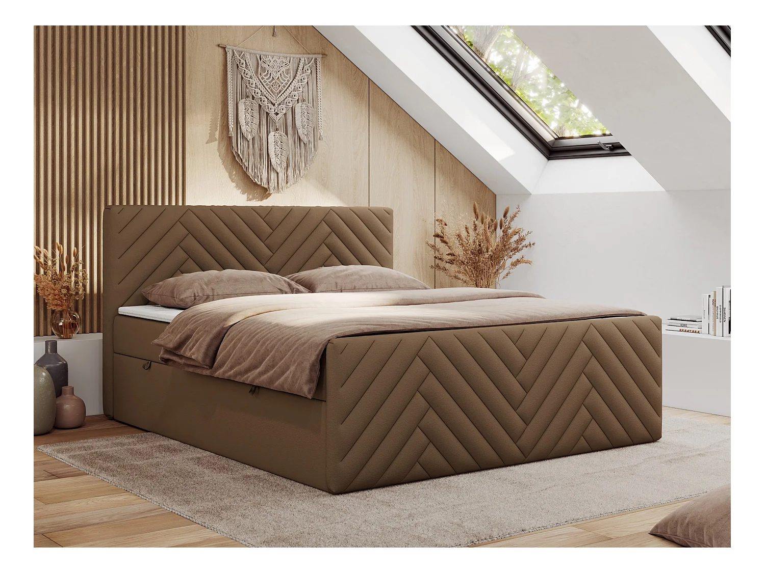 Boxspringbett PARIS DUO - Polsterbett mit genähtem Kopfteil und Frontplatte, Doppelbett, zwei Bettkästen - 160x200 cm - H4 - Braun Kunstleder