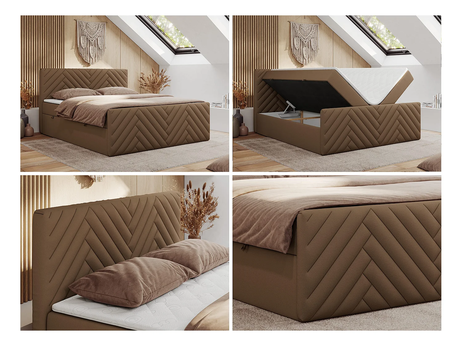 Boxspringbett PARIS DUO - Polsterbett mit genähtem Kopfteil und Frontplatte, Doppelbett, zwei Bettkästen - 160x200 cm - H4 - Braun Kunstleder