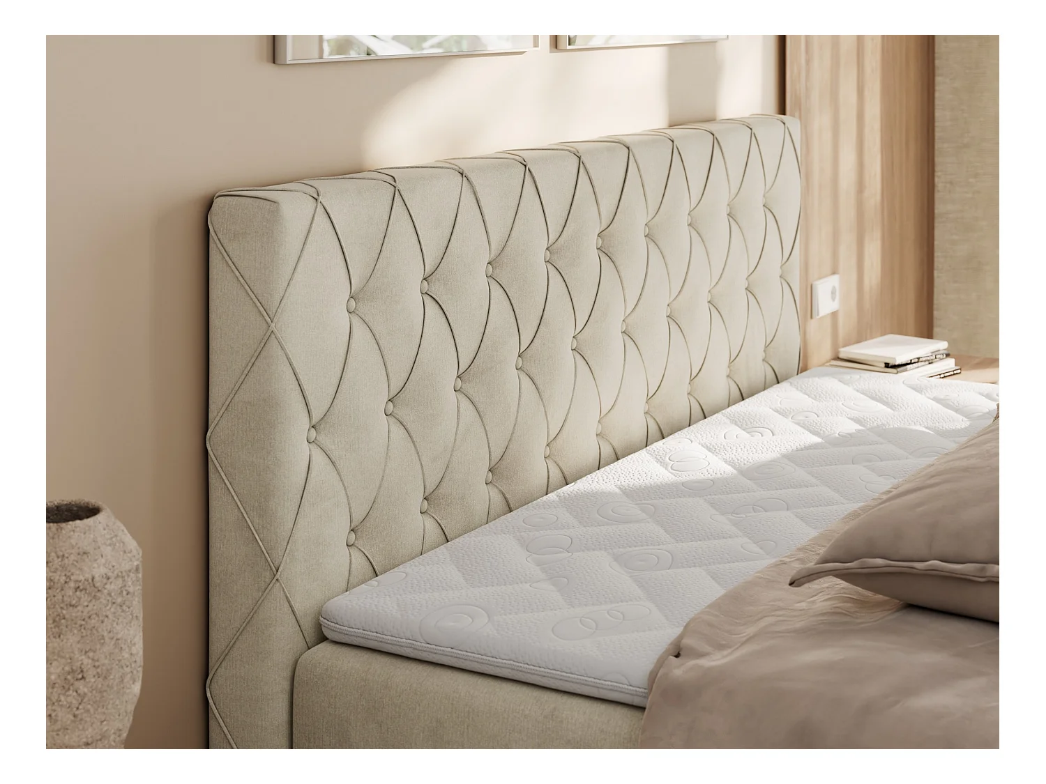Boxspringbett MIREN DUO - mit gestepptem Kopfteil und Front, Multipocket-Matratze, zwei Bettkästen - 160x200 cm - H3 - Beige Velvet