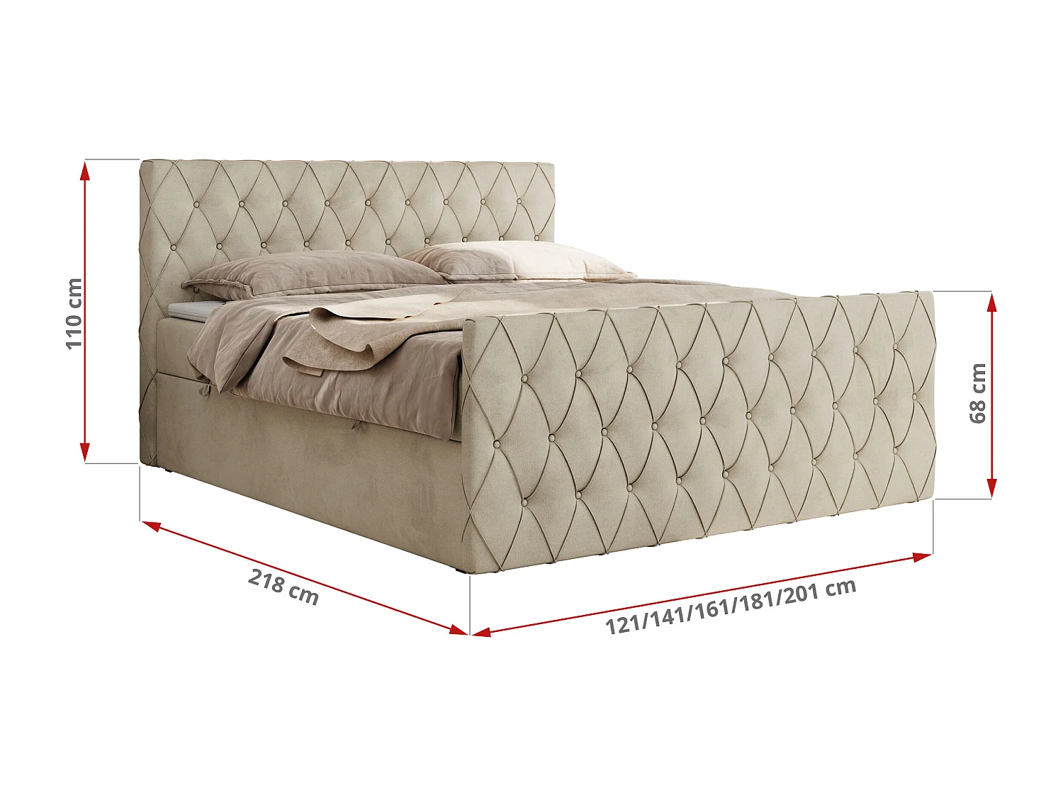 Boxspringbett MIREN DUO - mit gestepptem Kopfteil und Front, Multipocket-Matratze, zwei Bettkästen - 160x200 cm - H3 - Beige Velvet