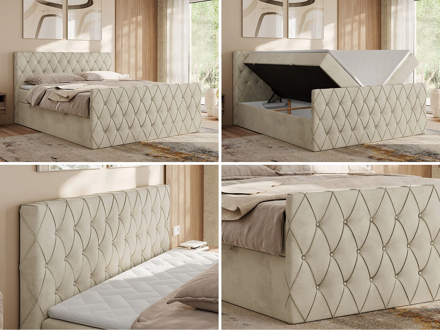 Boxspringbett MIREN DUO - mit gestepptem Kopfteil und Front, Multipocket-Matratze, zwei Bettkästen - 160x200 cm - H3 - Beige Velvet