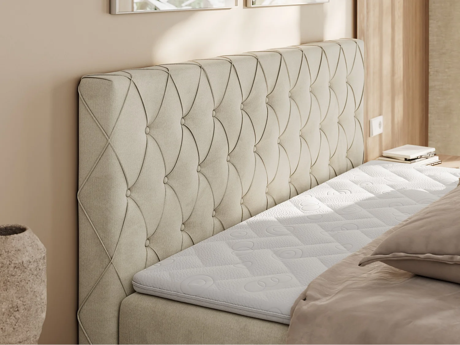 Boxspringbett MIREN DUO - mit gestepptem Kopfteil und Front, Multipocket-Matratze, zwei Bettkästen - 160x200 cm - H3 - Beige Velvet