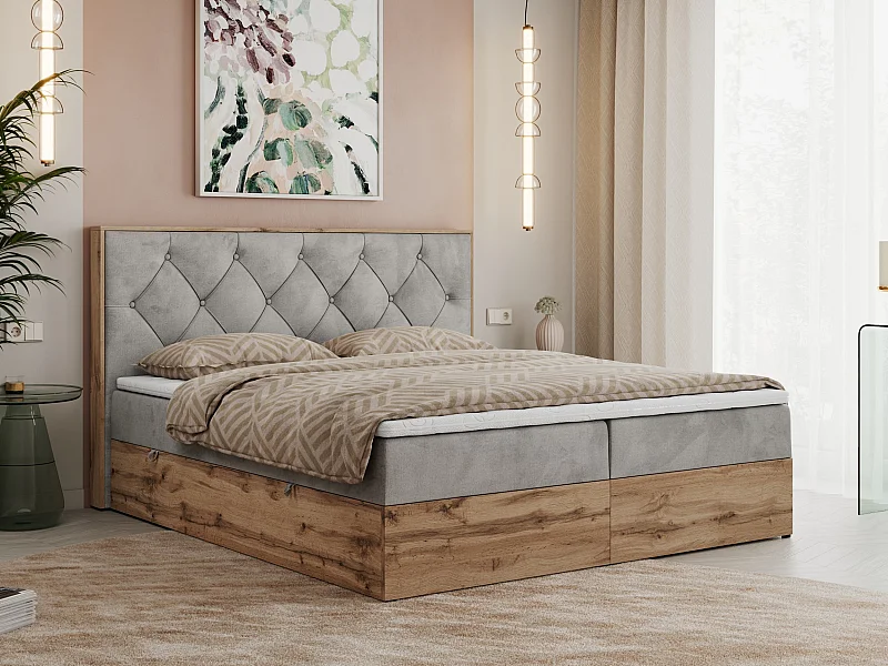 Boxspringbett VENETO - gestepptem Kopfteil, Set mit Multipocket-Matratze und Topper, Holzrahmen, zwei Bettkästen - 140x200 cm - H4 - Hellgrau Velvet