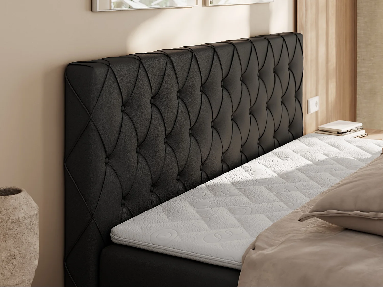 Boxspringbett MIREN DUO - mit gestepptem Kopfteil und Front, Multipocket-Matratze, zwei Bettkästen - 180x200 cm - H4 - Schwarz Kunstleder