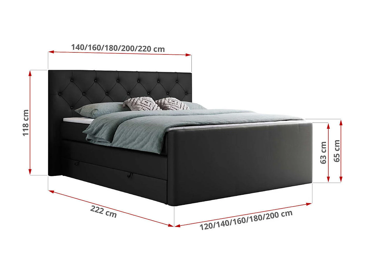 Boxspringbett VELEN KING - Doppelbett mit gestepptem Kopfteil, zwei Multipocket-Matratzen, Polsterbett mit Kopfstütze - 120x200 cm - H3 - Schwarz Kunstleder