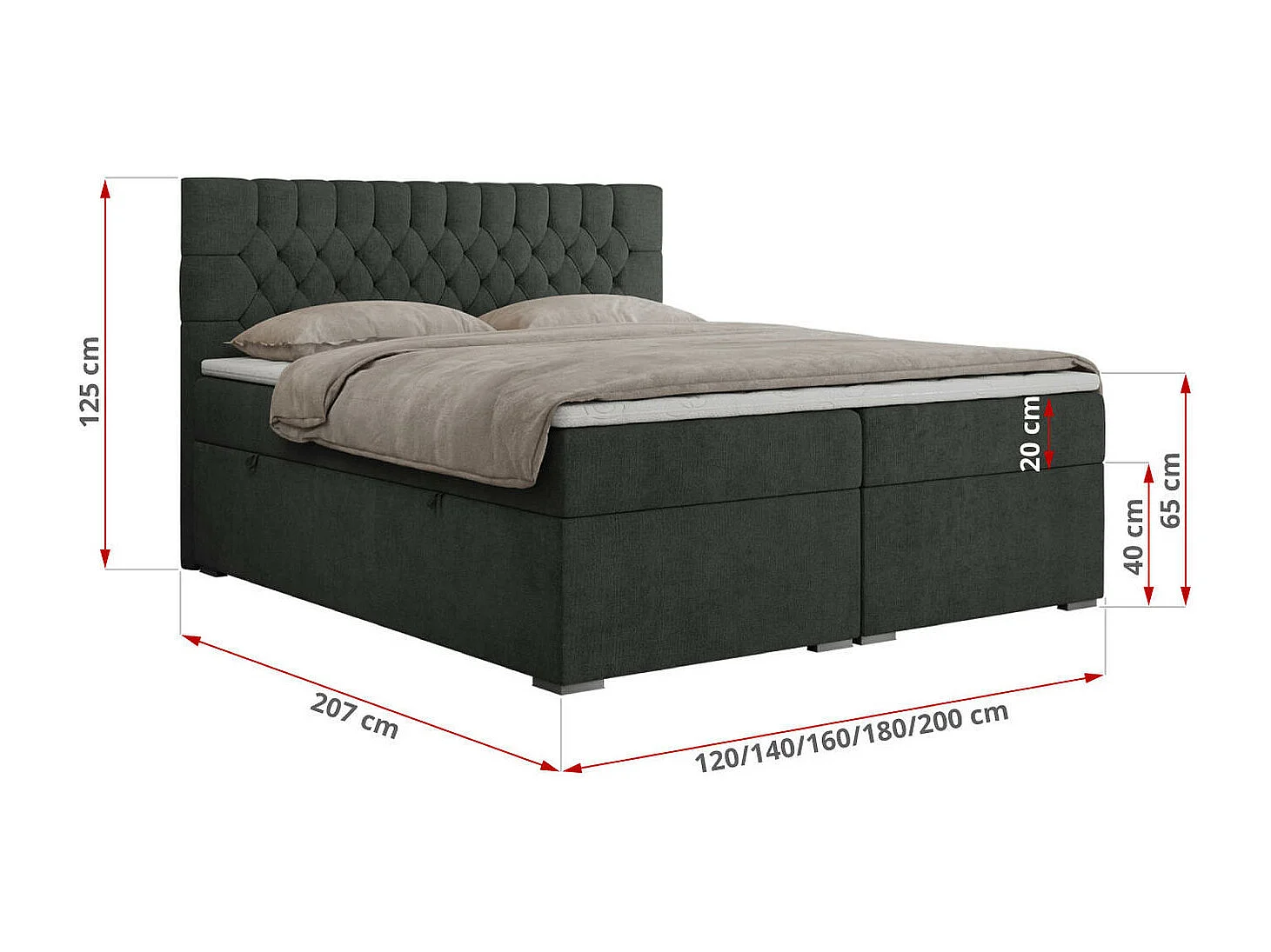 Boxspringbett PERA - gesteppte Kopfstütze, Multipocket-Matratze und Topper, Doppelbett mit Stauraum - 200x200 cm - H3 - Dunkelgrau Strukture
