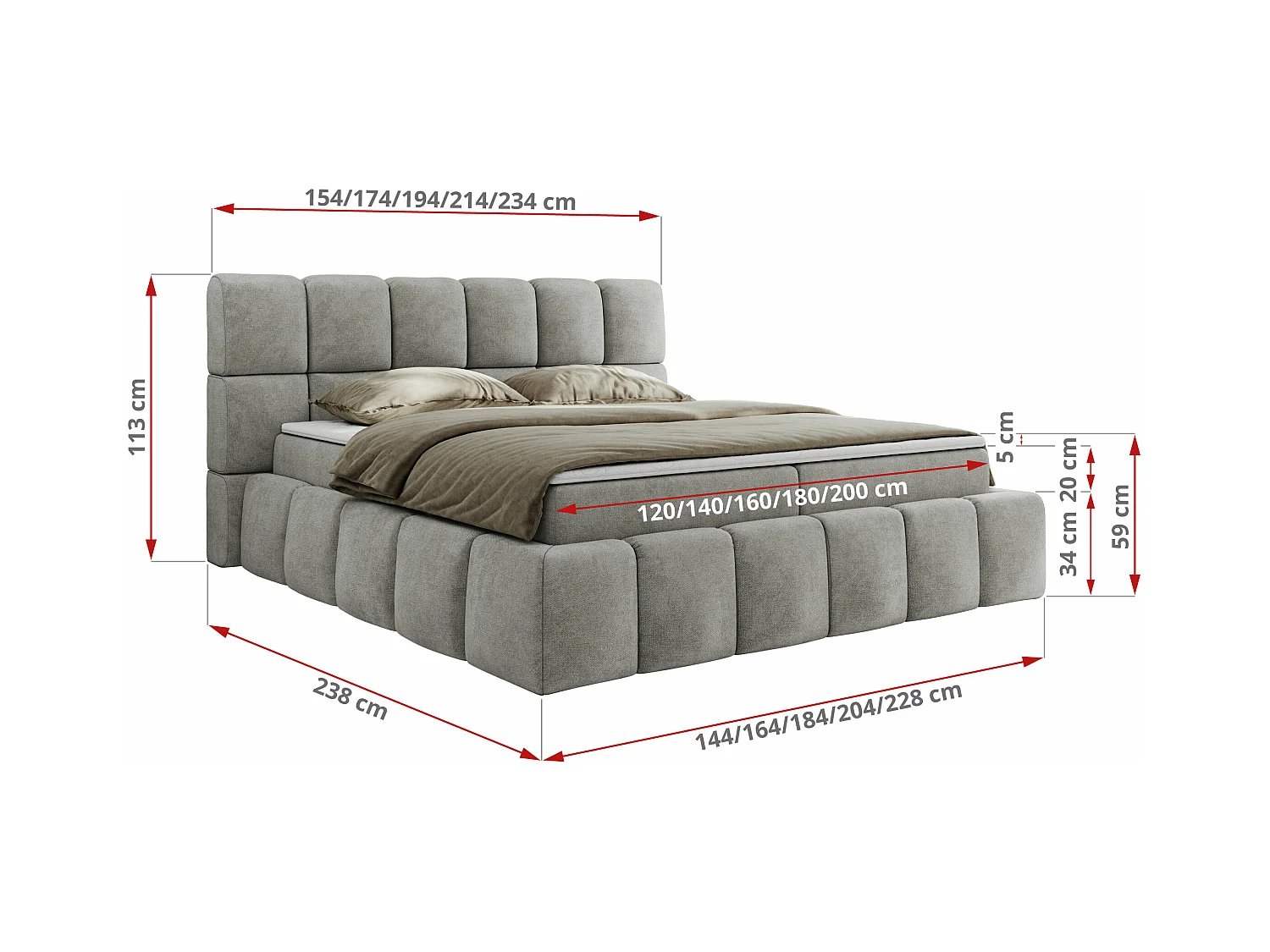 Boxspringbett NIRA - dekorativ kopfteil, Bettkästen und Multipocket-Matratze, Doppelbett für Schlafzimmer - 200x200 cm - H3 - Hellgrau Strukture