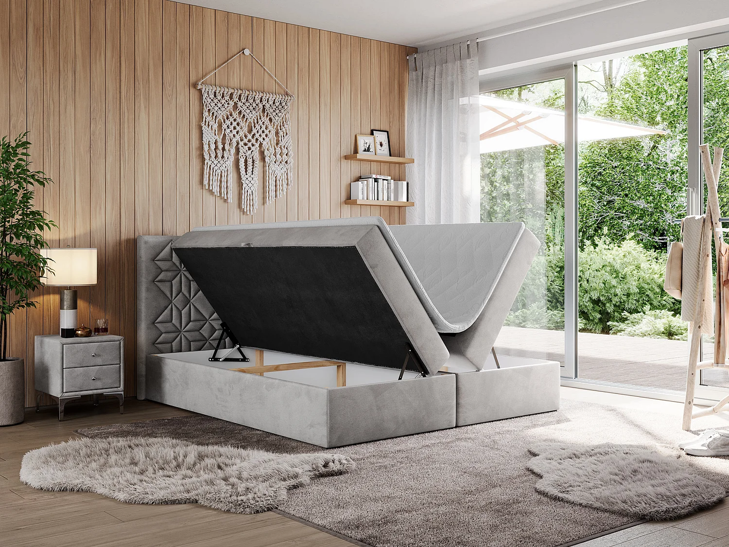 Boxspringbett LEILA - gestepptes Kopfteil,  7 Härtezonen Multipocket-Matratzen, Doppelbett mit Bettkästen - 120x200 cm - H3 - Hellgrau Velvet