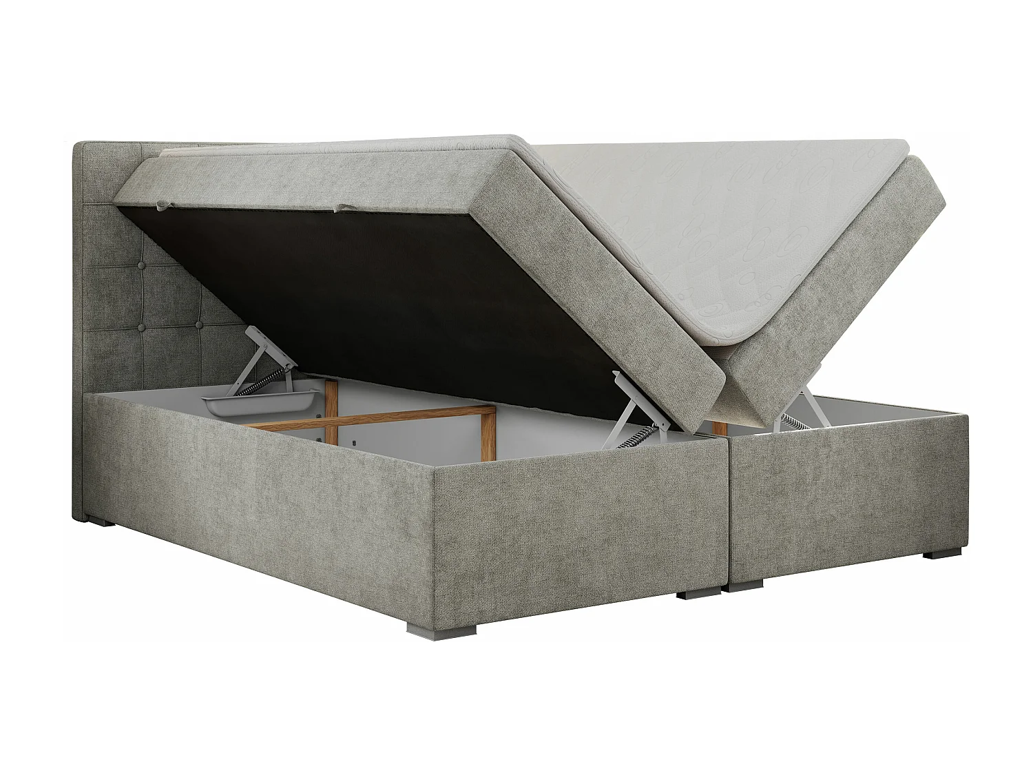 Boxspringbett CARMEN - Polsterbett mit zwei Bettkästen, gesteppte Kopfstütze, Multipocket-Matratze - 160x200 cm - H4 - Hellgrau Stukture