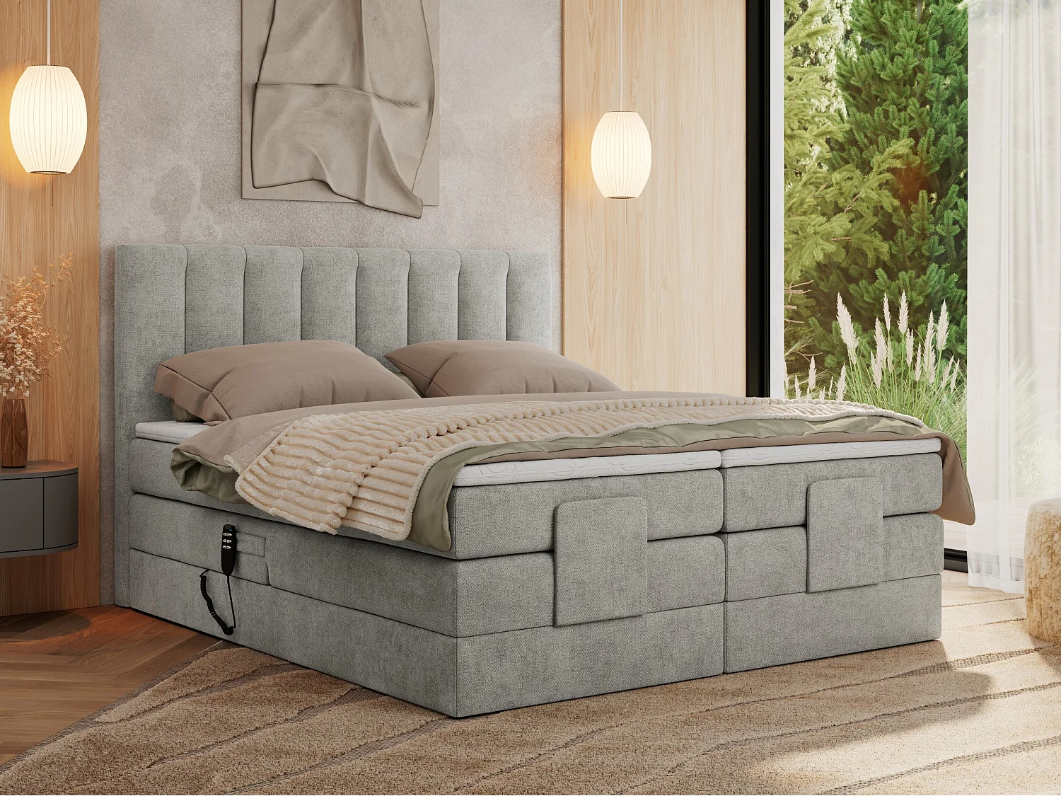 Boxspringbett COMFORTO - Doppelbett, Elektrisch verstellbare, Multipocket-Matratzen und Topper, genähtes Kopfteil - 200x200 cm - H4 - Hellgrau Strukture