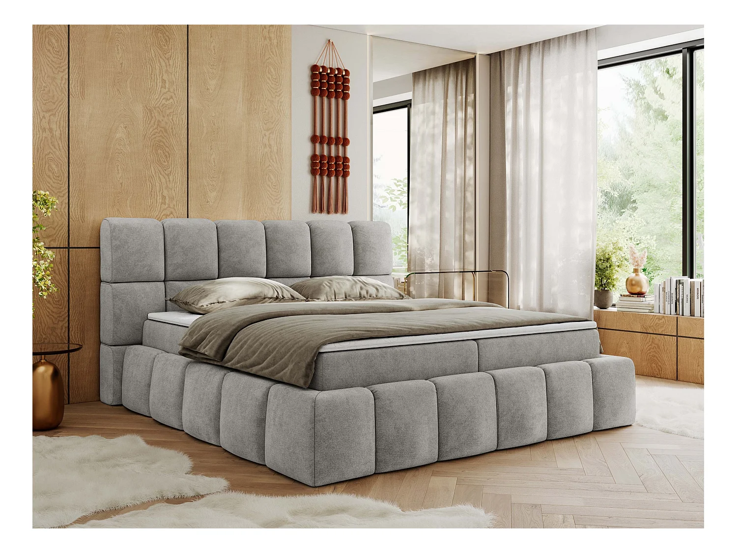 Boxspringbett NIRA - dekorativ kopfteil, Bettkästen und Multipocket-Matratze, Doppelbett für Schlafzimmer - 200x200 cm - H4 - Hellgrau Strukture
