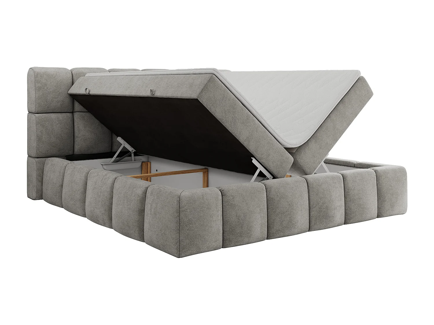 Boxspringbett NIRA - dekorativ kopfteil, Bettkästen und Multipocket-Matratze, Doppelbett für Schlafzimmer - 200x200 cm - H4 - Hellgrau Strukture