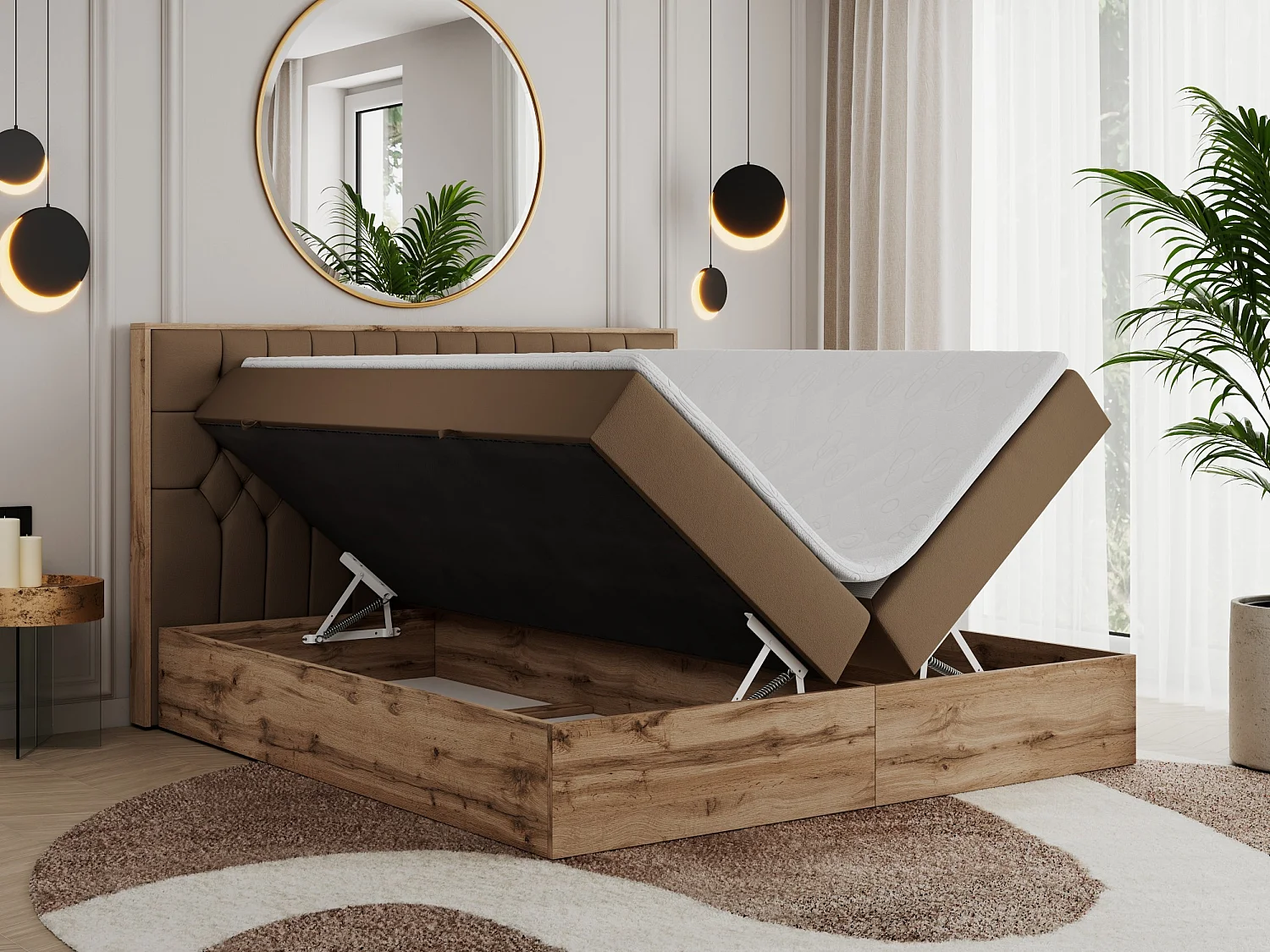 Boxspringbett AMORE - Bett mit Multipocket-Matratze, gesteppte Kopfstütze, Doppelbett für Schlafzimmer - 140x200 cm - H4 - Braun Kunstleder