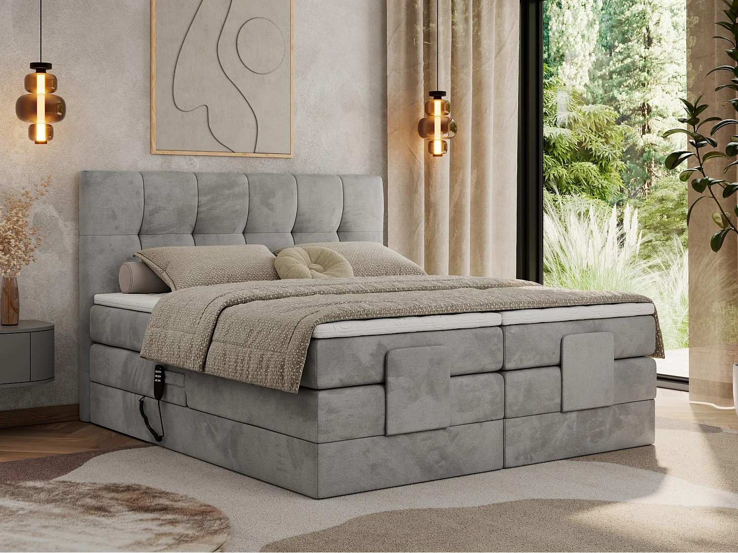 Boxspringbett VITTORIA - mit gestepptem Kopfteil, elektrischem Untergestell, Multipocket-Matratze - 200x200 cm - H4 - Hellgrau Velvet