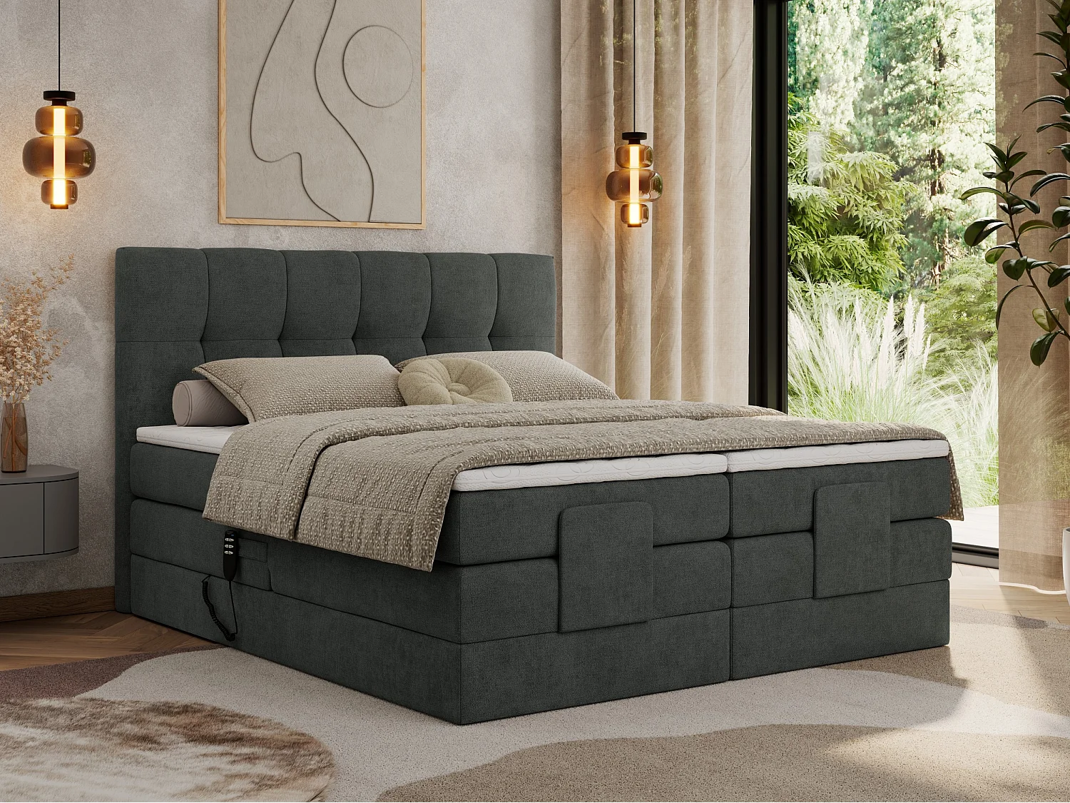 Boxspringbett VITTORIA - mit gestepptem Kopfteil, elektrischem Untergestell, Multipocket-Matratze - 200x200 cm - H3 - Dunkelgrau Strukture