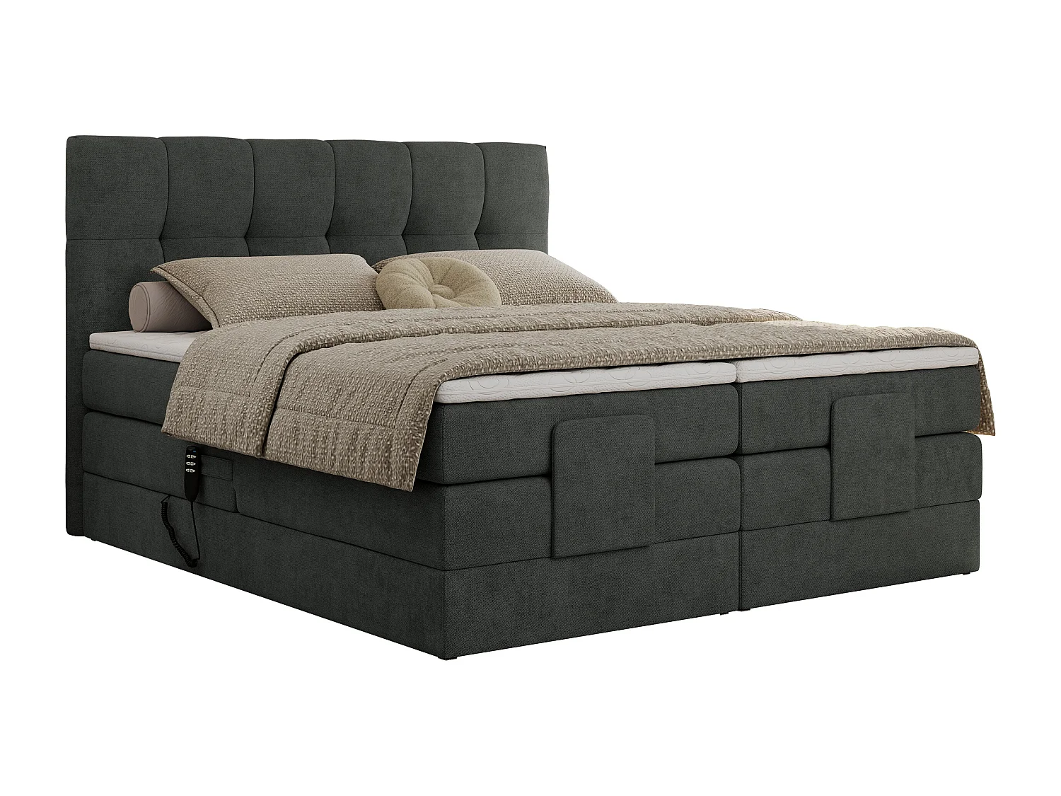 Boxspringbett VITTORIA - mit gestepptem Kopfteil, elektrischem Untergestell, Multipocket-Matratze - 200x200 cm - H3 - Dunkelgrau Strukture