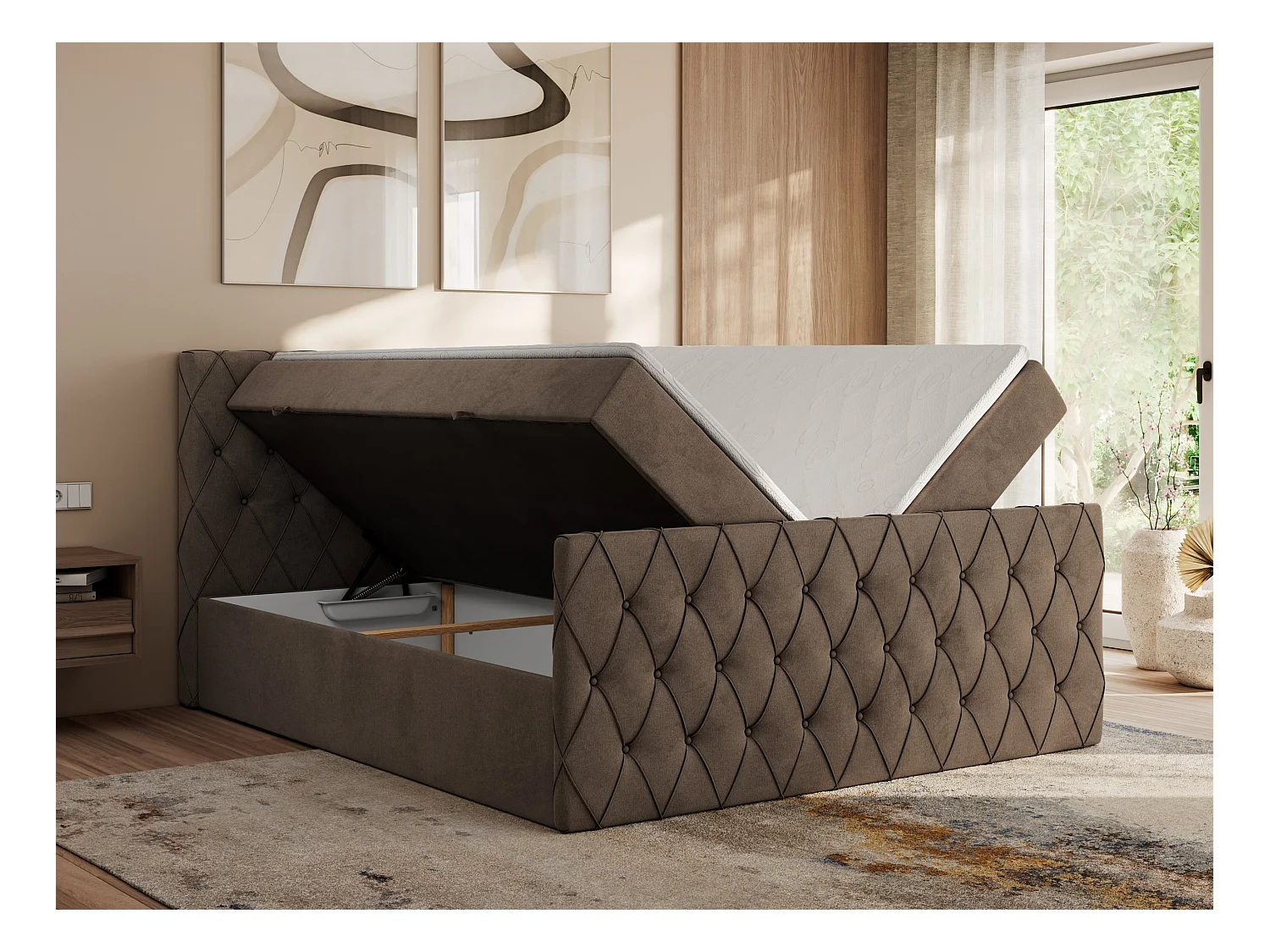 Boxspringbett MIREN DUO - mit gestepptem Kopfteil und Front, Multipocket-Matratze, zwei Bettkästen - 140x200 cm - H3 - Braun Velvet