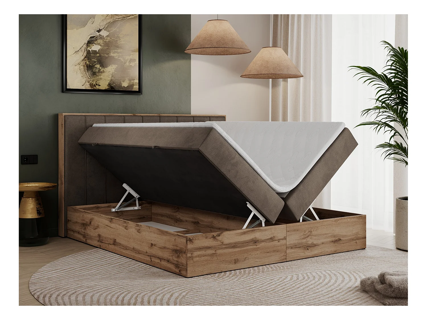 Boxspringbett BELLISSIMO - mit gestepptem Kopfteil, Polsterbett mit zwei Bettkästen, Multipocket-Matratze - 140x200 cm - H4 - Braun Velvet