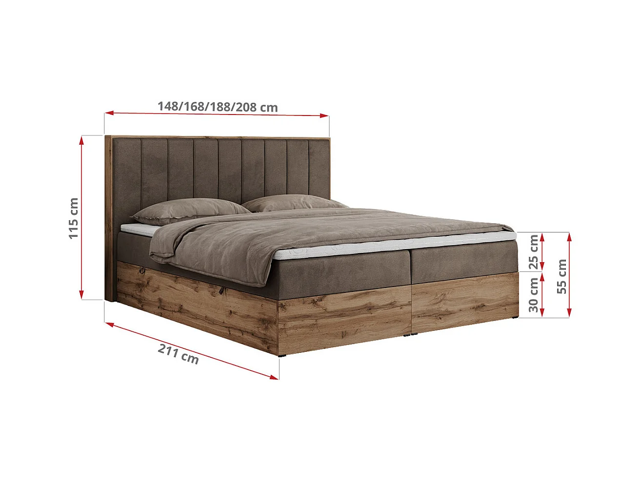 Boxspringbett BELLISSIMO - mit gestepptem Kopfteil, Polsterbett mit zwei Bettkästen, Multipocket-Matratze - 140x200 cm - H4 - Braun Velvet