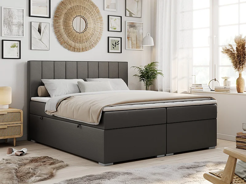 Boxspringbett ALLY - gestreiftes, genähtes Kopfteil, zwei Bettkästen, Multipocket-Matratzen, Praktisch Polsterbett - 200x200 cm - H4 - Dunkelgrau Kunstleder