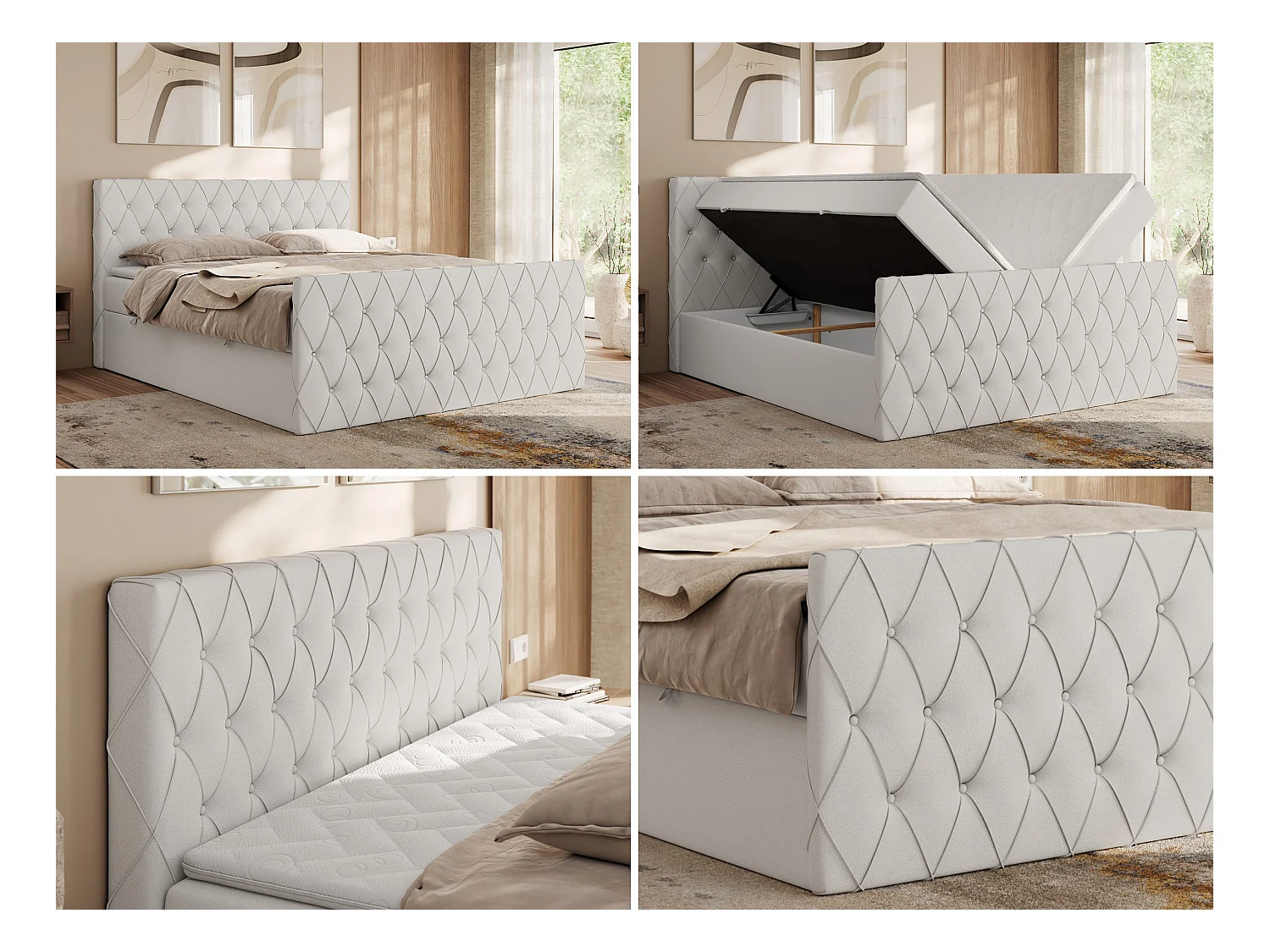 Boxspringbett MIREN DUO - mit gestepptem Kopfteil und Front, Multipocket-Matratze, zwei Bettkästen - 200x200 cm - H3 - Weiß Kunstleder