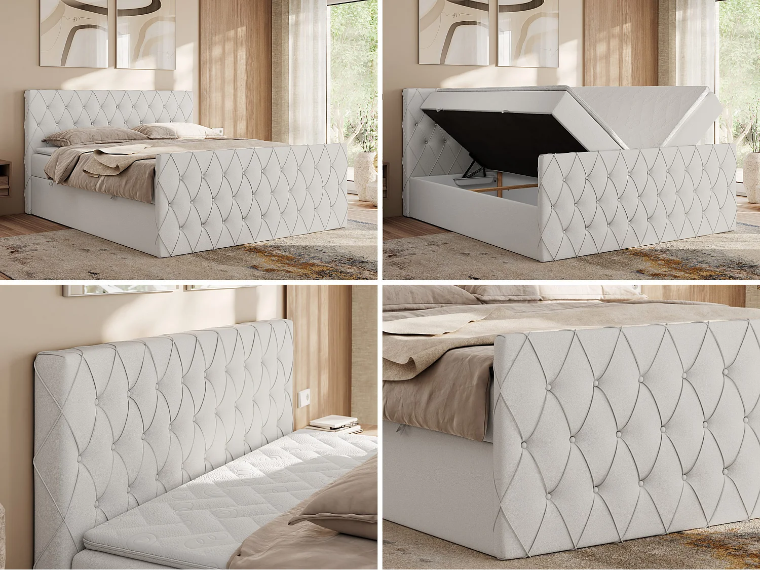 Boxspringbett MIREN DUO - mit gestepptem Kopfteil und Front, Multipocket-Matratze, zwei Bettkästen - 200x200 cm - H3 - Weiß Kunstleder