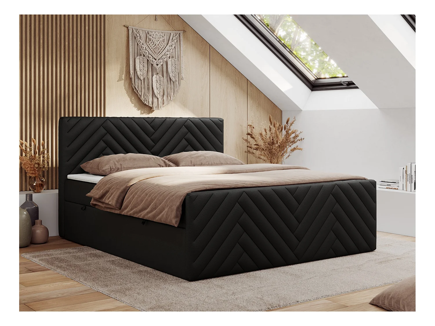 Boxspringbett PARIS DUO - Polsterbett mit genähtem Kopfteil und Frontplatte, Doppelbett, zwei Bettkästen - 180x200 cm - H3 - Schwarz Kunstleder