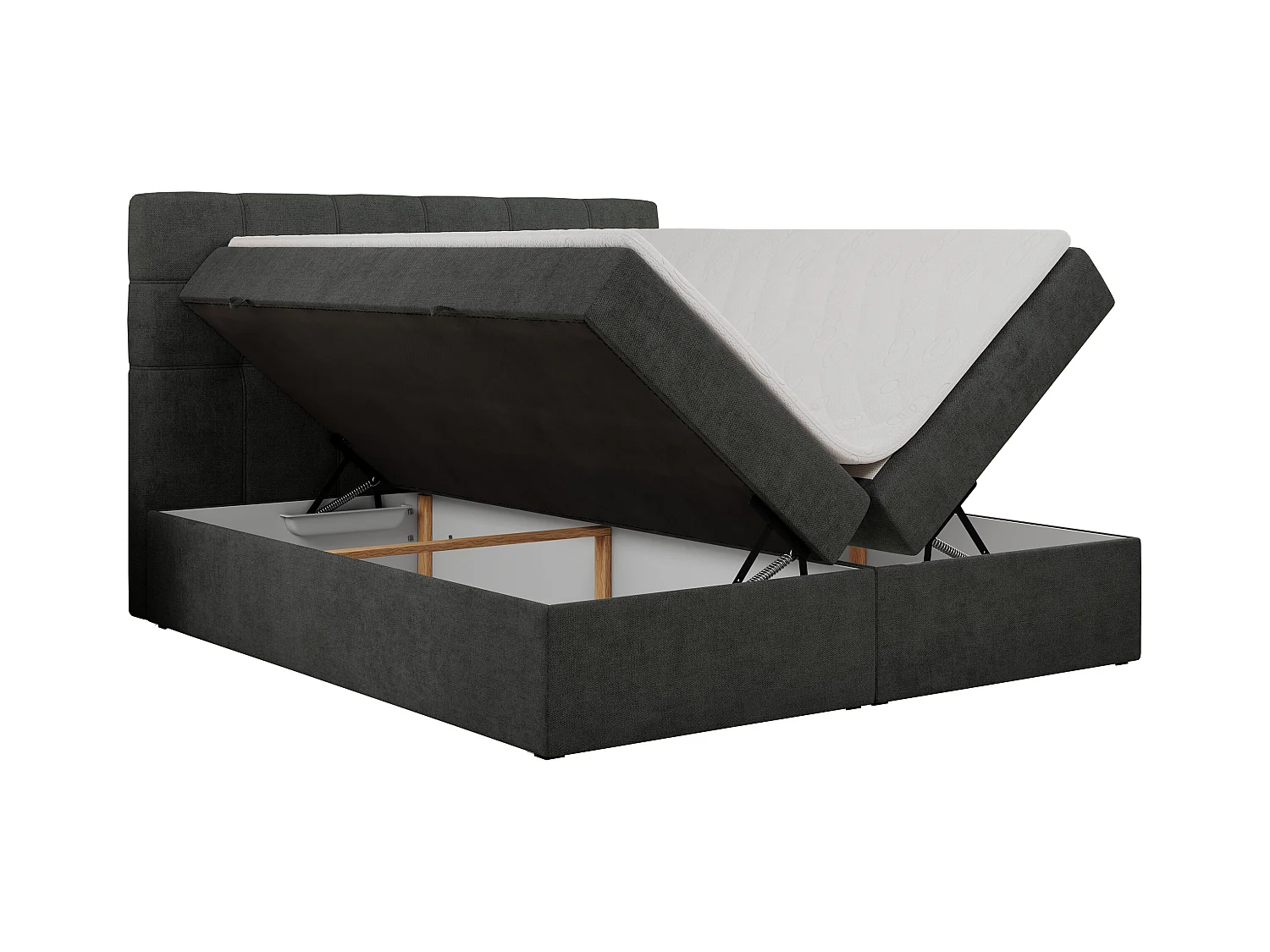 Boxspringbett ERNI - mit gestepptem Kopfteil, Polsterbett, Multipocket-Matratze und Topper, Bettkästen - 120x200 cm - H4 - Dunkelgrau Stukture
