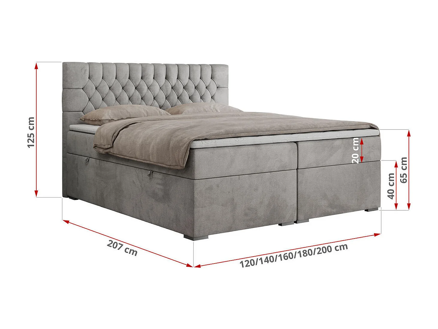 Boxspringbett PERA - gesteppte Kopfstütze, Multipocket-Matratze und Topper, Doppelbett mit Stauraum - 140x200 cm - H3 - Hellgrau Velvet