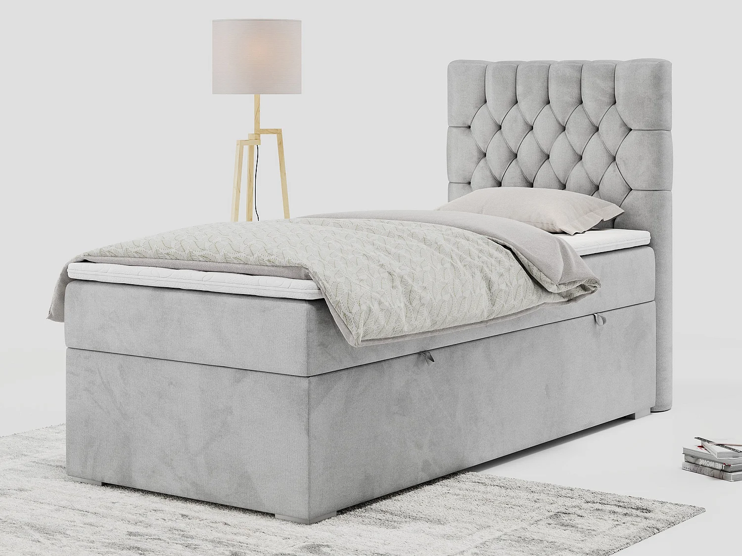 Boxspringbett PERA - Einzelbett mit Kopfstütze, Polsterbett, Multipocket-Matratze, genähtes Kopfteil - 90x200 cm - H3 - Hellgrau Velvet - Rechts Seite