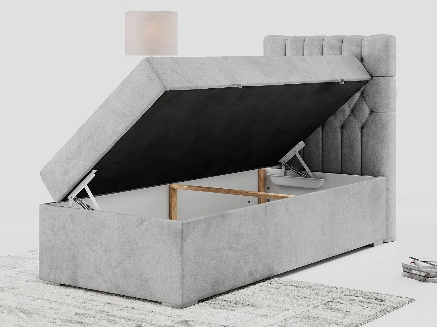 Boxspringbett PERA - Einzelbett mit Kopfstütze, Polsterbett, Multipocket-Matratze, genähtes Kopfteil - 90x200 cm - H3 - Hellgrau Velvet - Rechts Seite